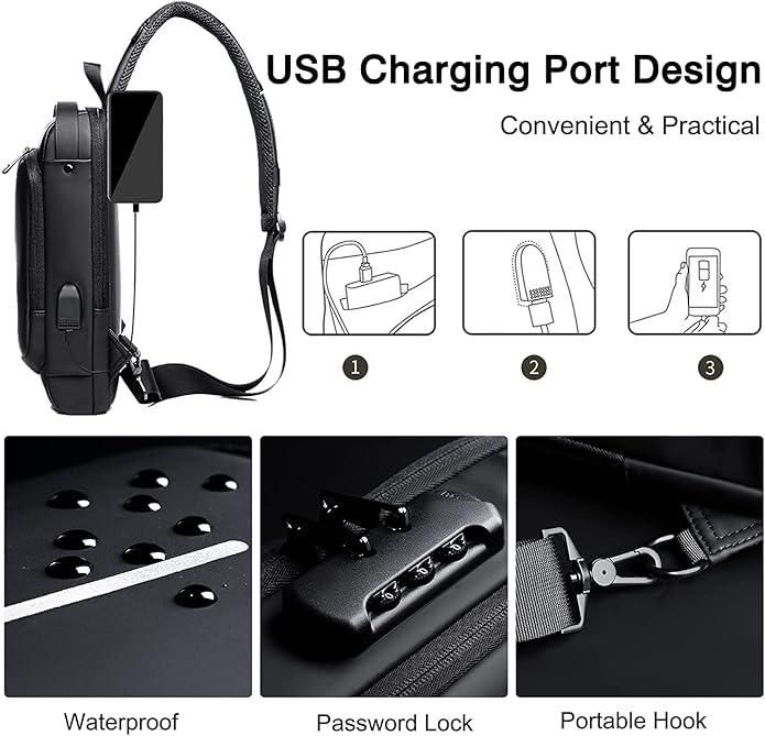Smart Sling Bag- Waterproof Leather Crossbody with Lock & USB Charger
